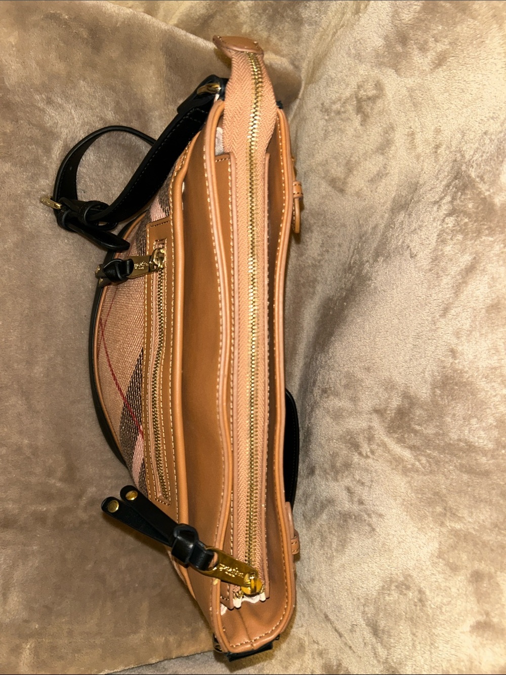 Spartina 449 Tan Nova Plaid Linen Leather Preppy Crossbody Bucket Tote Bag - Picture 7 of 16